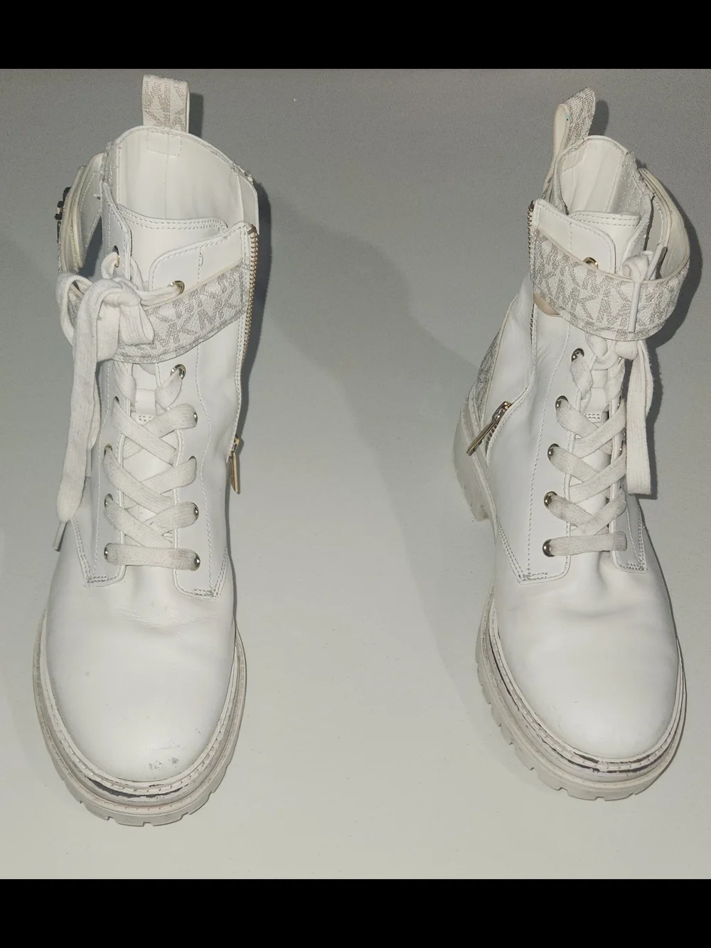 Michael Kors White MK Monogram Combat Boots Size 8.5
